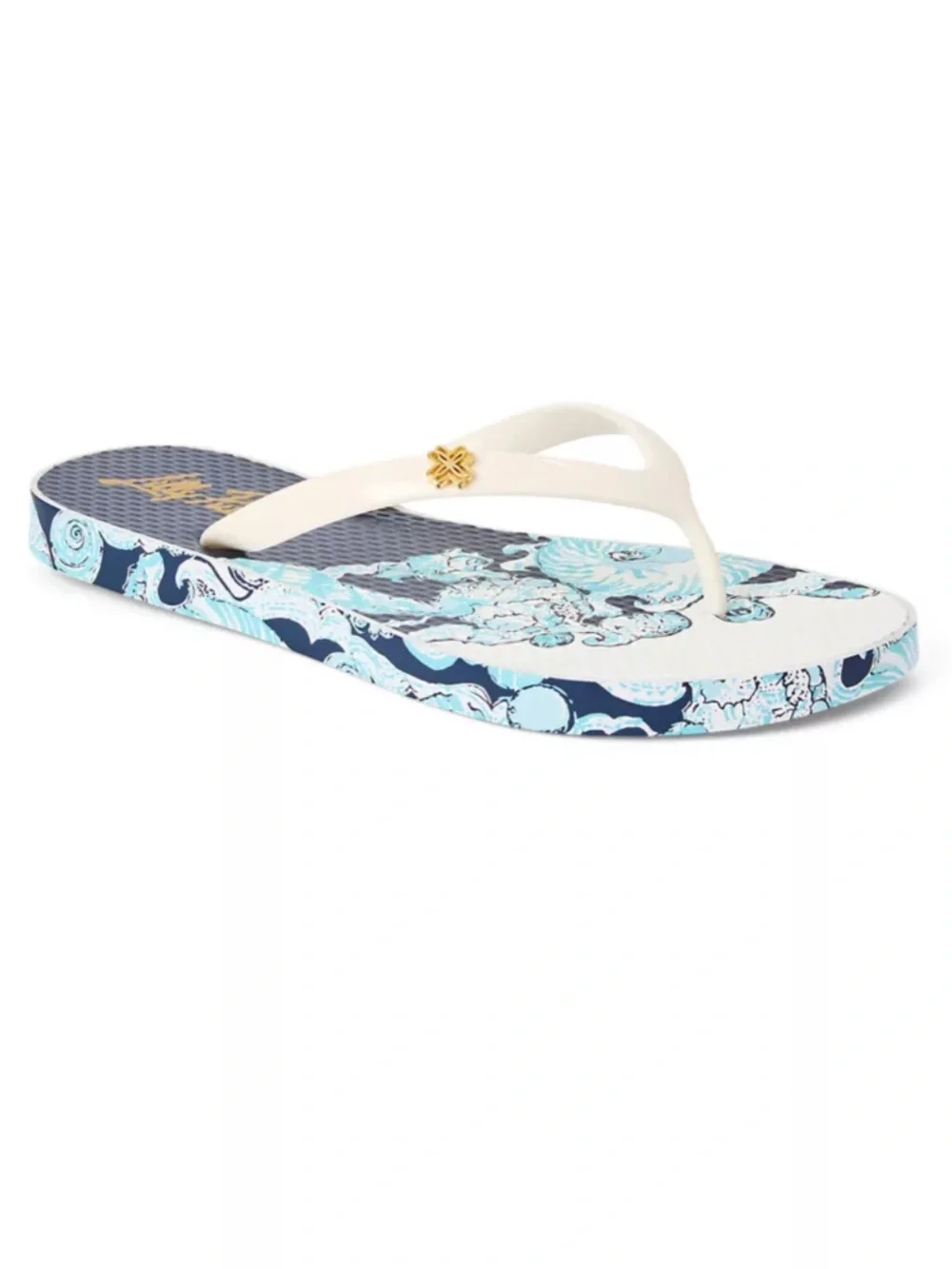 NIP Lilly Pulitzer Resort White Shell Shine Pool Flip Flops Size 7/8 Navy Blue